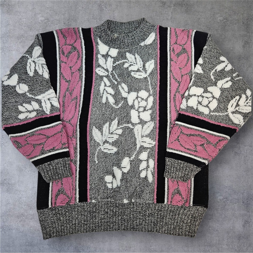 Vintage 90s JC & Louis New York Mock Neck Floral Jacquard Knit Sweater Large E44